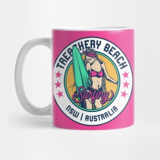 Retro Surfer Babe Badge Treachery Beach New South Wales Australi Mug